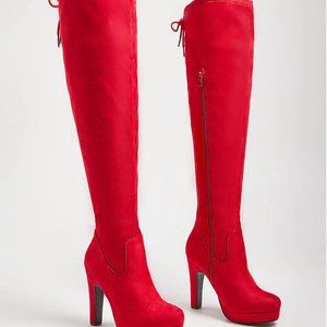 NIB TORRID OVER-THE-KNEE HEEL BOOT - STRETCH FAUX SUEDE RED 8ww 8 WIDE